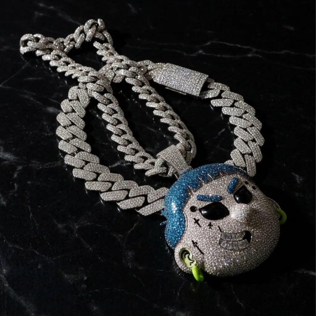 Side angle of 3D iced out cartoon character head pendant with cuban chain paved with VVS1 moissanite in S925 sterling silver.