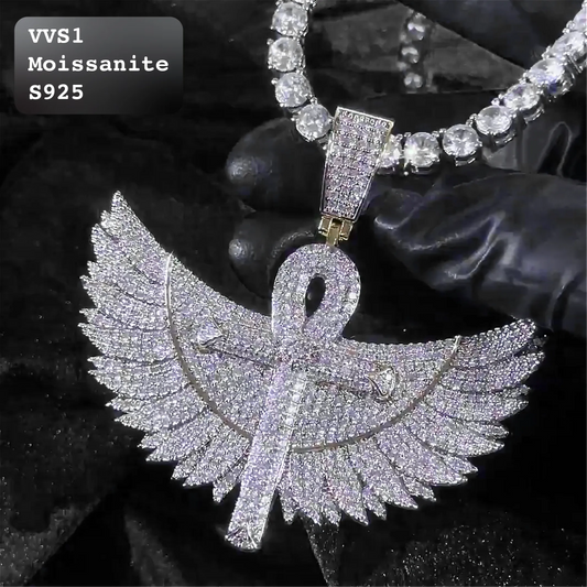 Iced Out Moissanite Winged Ankh Cross Pendant【A243】