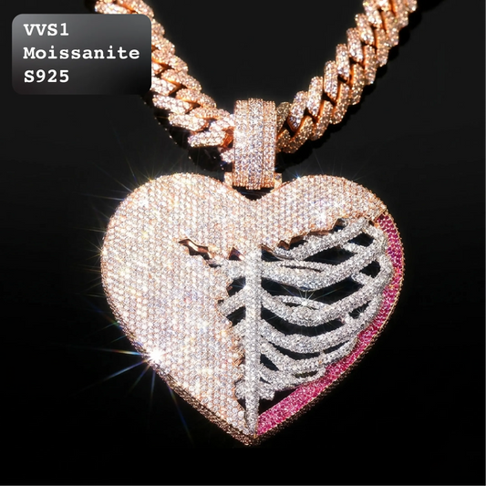 Iced Out Moissanite Rib Cage Heart Statement Pendant Rose Gold【A244】