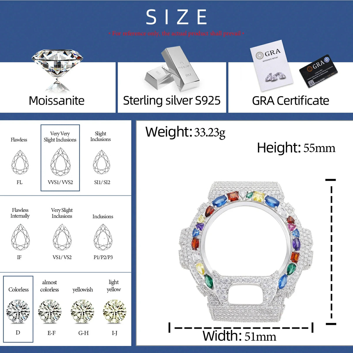 Watch Bezel & Watch Case for DW6900 - Multi Color Gemstone Moissanite S925
