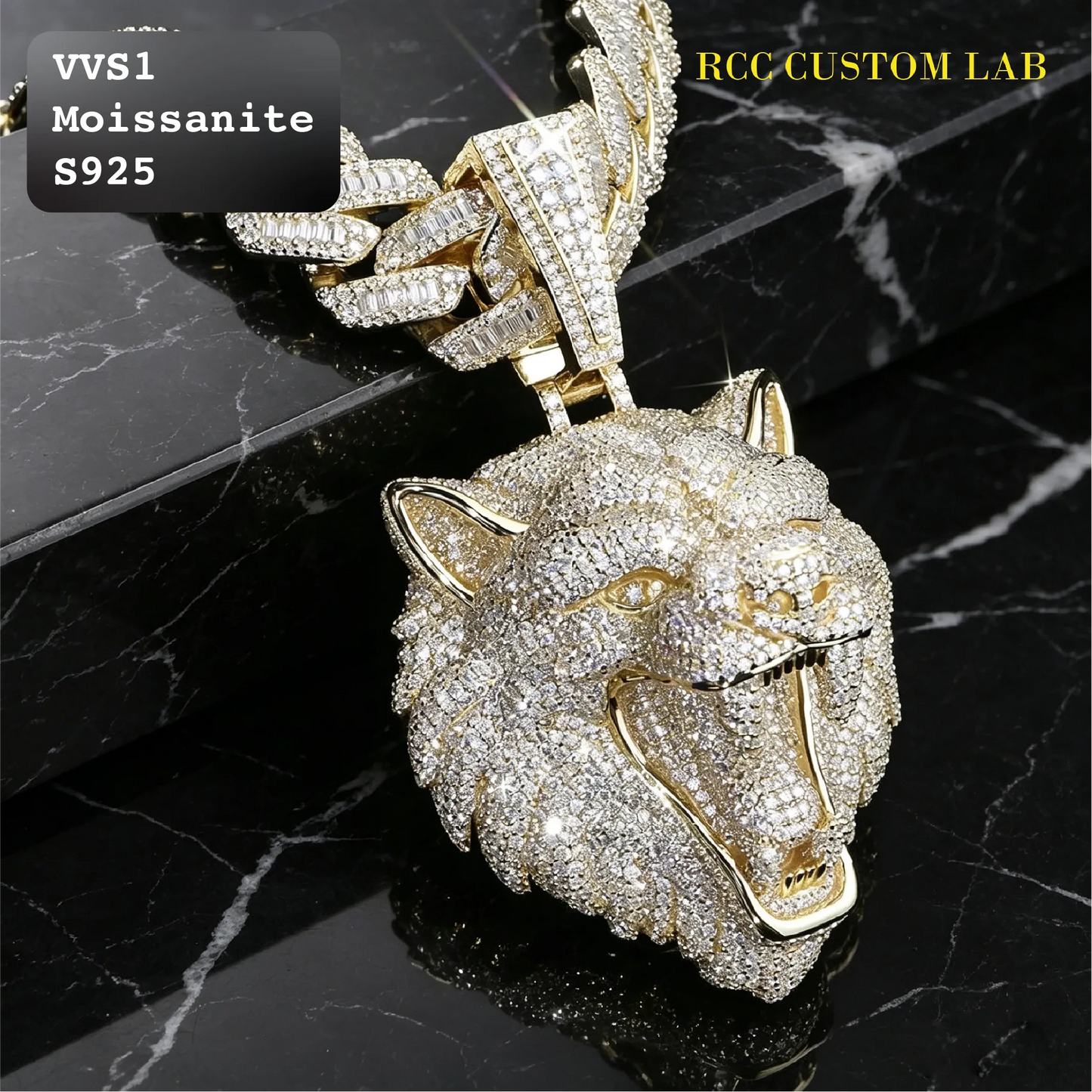 Iced Out Moissanite Gold Wolf Head Pendant【R152】