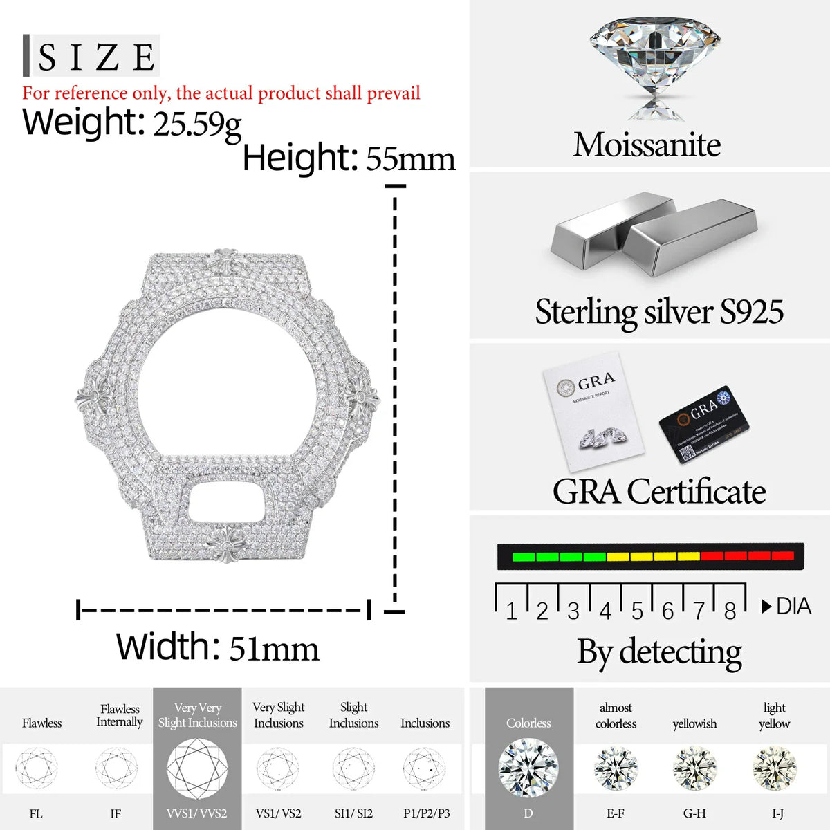 Watch Bezel & Watch Case for DW6900 - Chrome Cross Moissanite S925