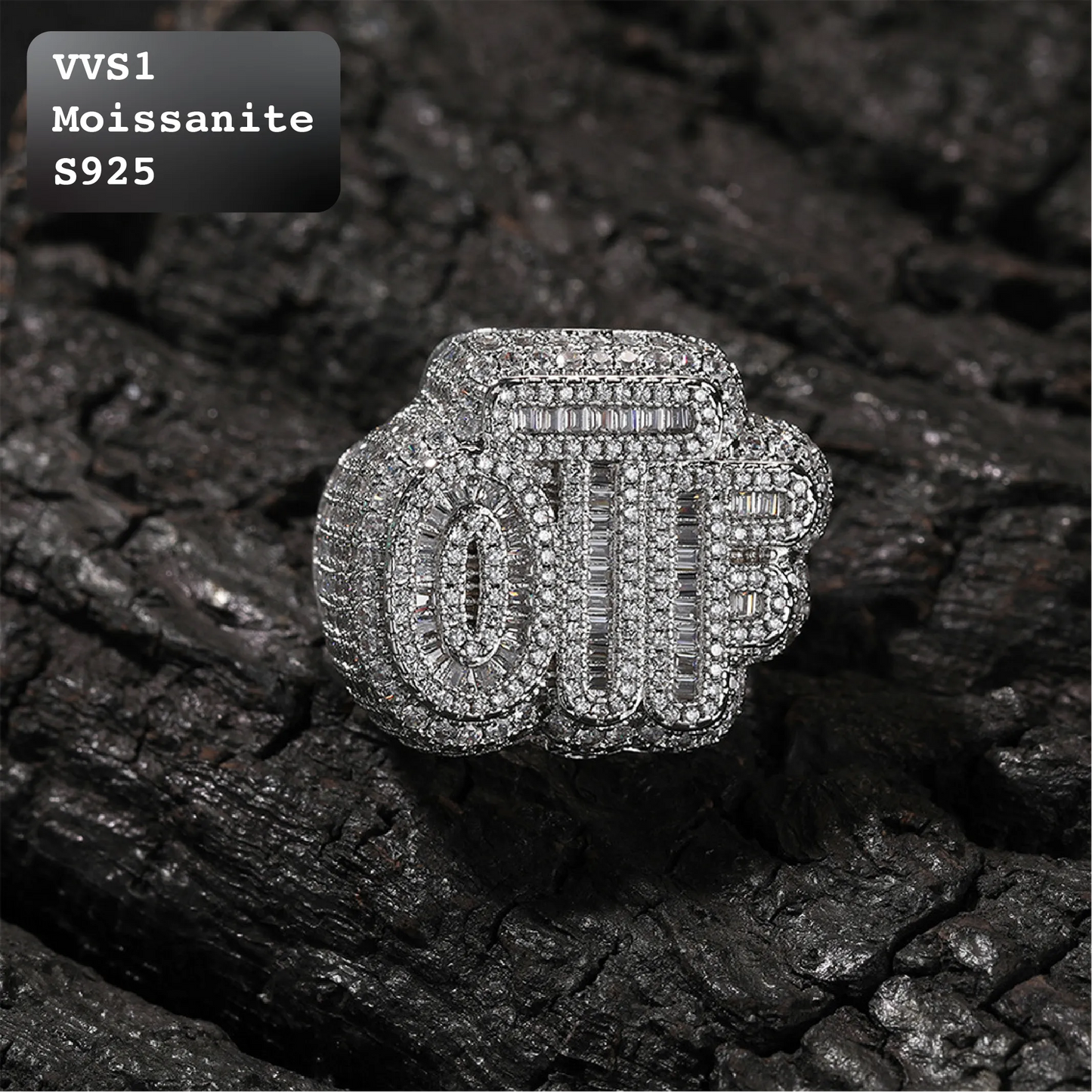 Moissanite Iced Out OTF Letter Statement Ring Gold Silver【A405】