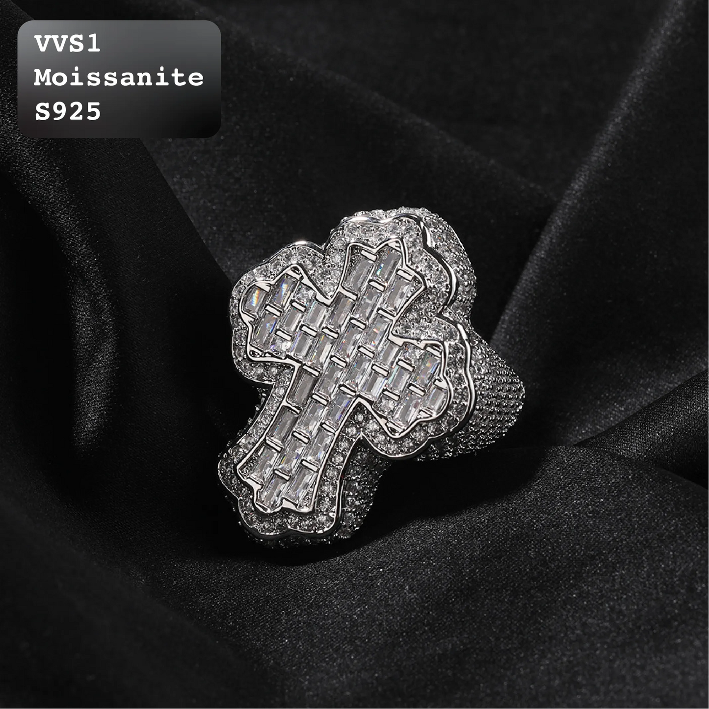 Moissanite Iced Out Baguette Holy Cross Statement Ring Gold Silver【A407】