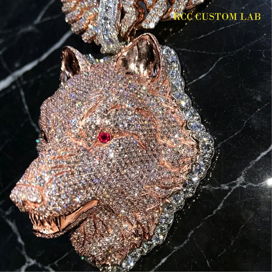 Iced Rose Gold Wolf Pendant【R181】