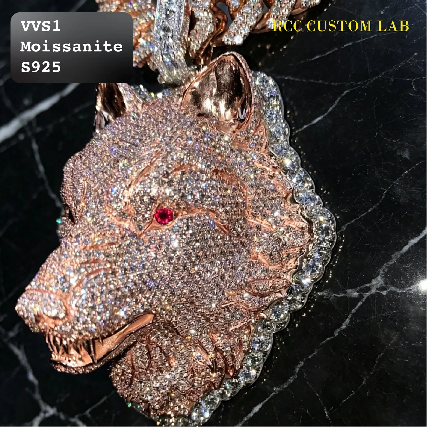 Iced Moissanite Rose Gold Wolf Pendant【R181】