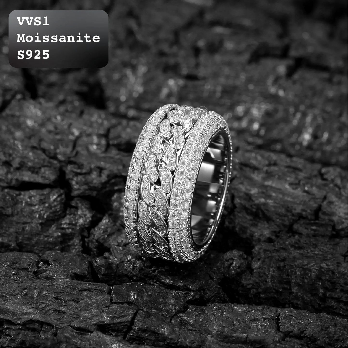 Moissanite Iced Out Multi Row Spinner Cuban Ring Gold Silver【A408】