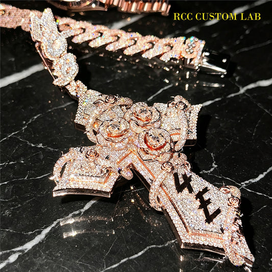 Iced Out Rose Cross Pendant【R109】