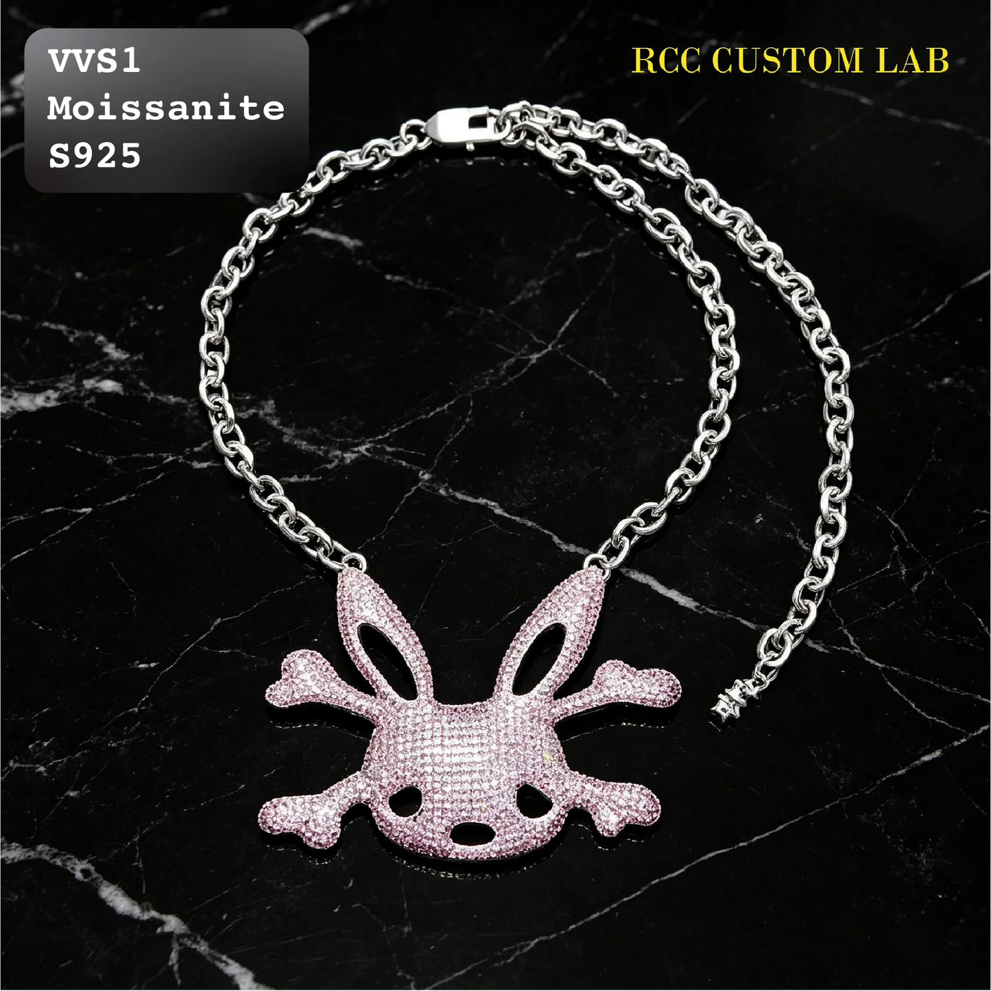 Iced Moissanite Pink Bunny Skull Pendant【R193】