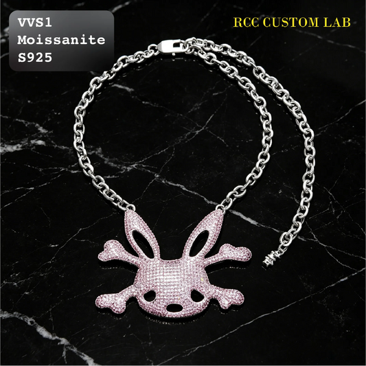 Iced Moissanite Pink Bunny Skull Pendant【R193】