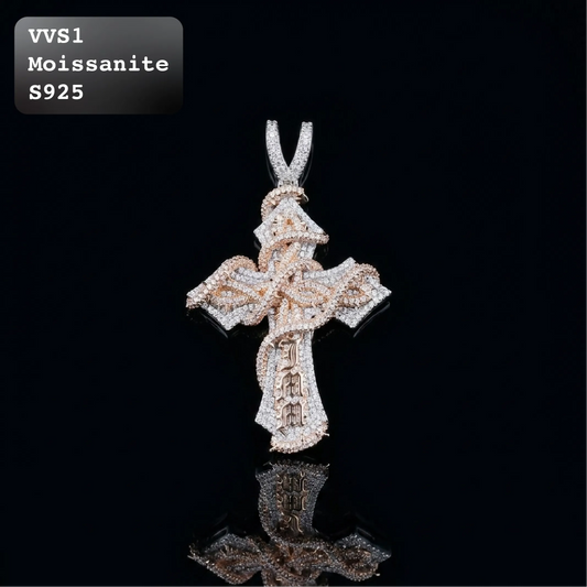 Two-Tone Iced Out Moissanite Wrapped Cross Pendant【A209】