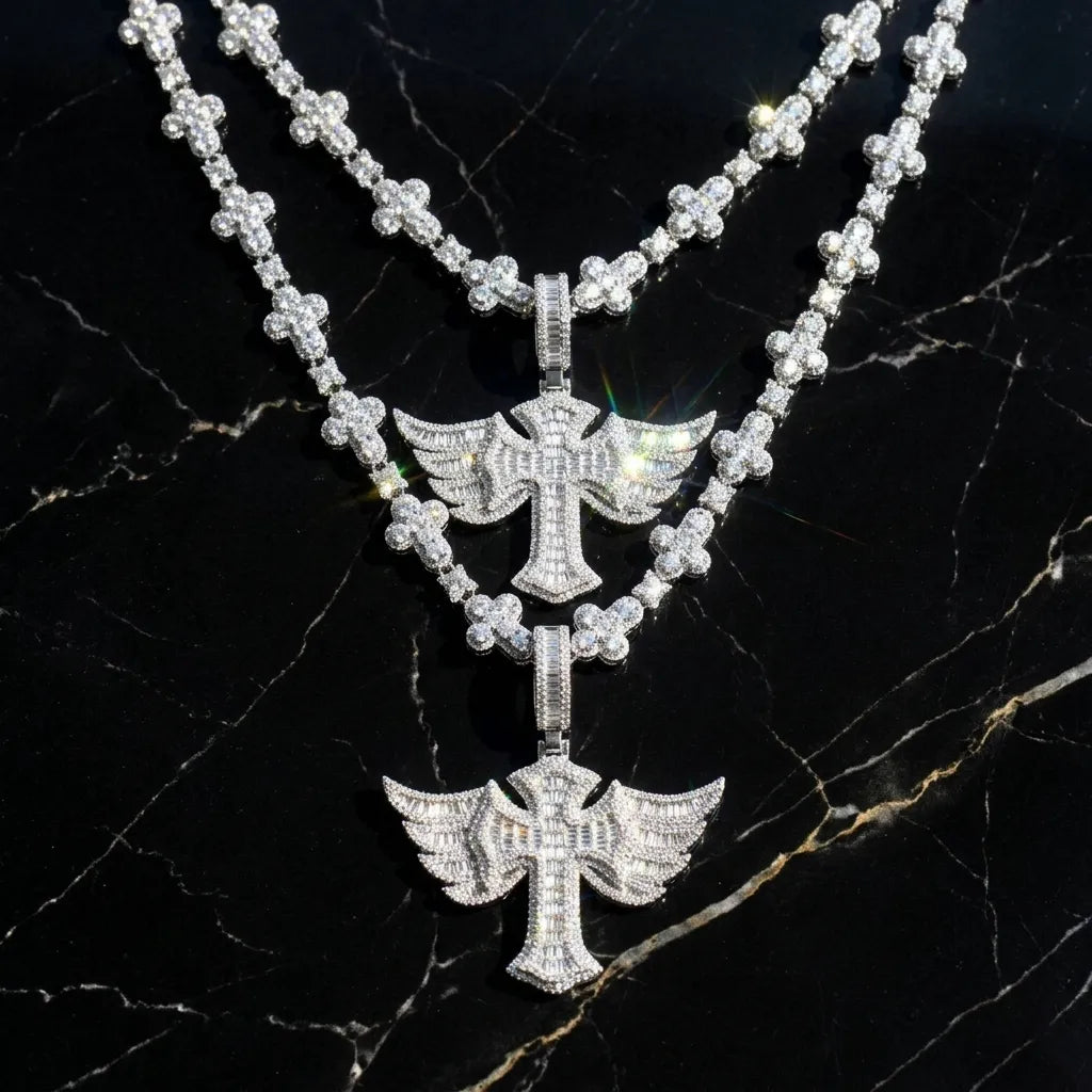 Iced Out Winged Cross Pendant And Link Chain Set【B102】