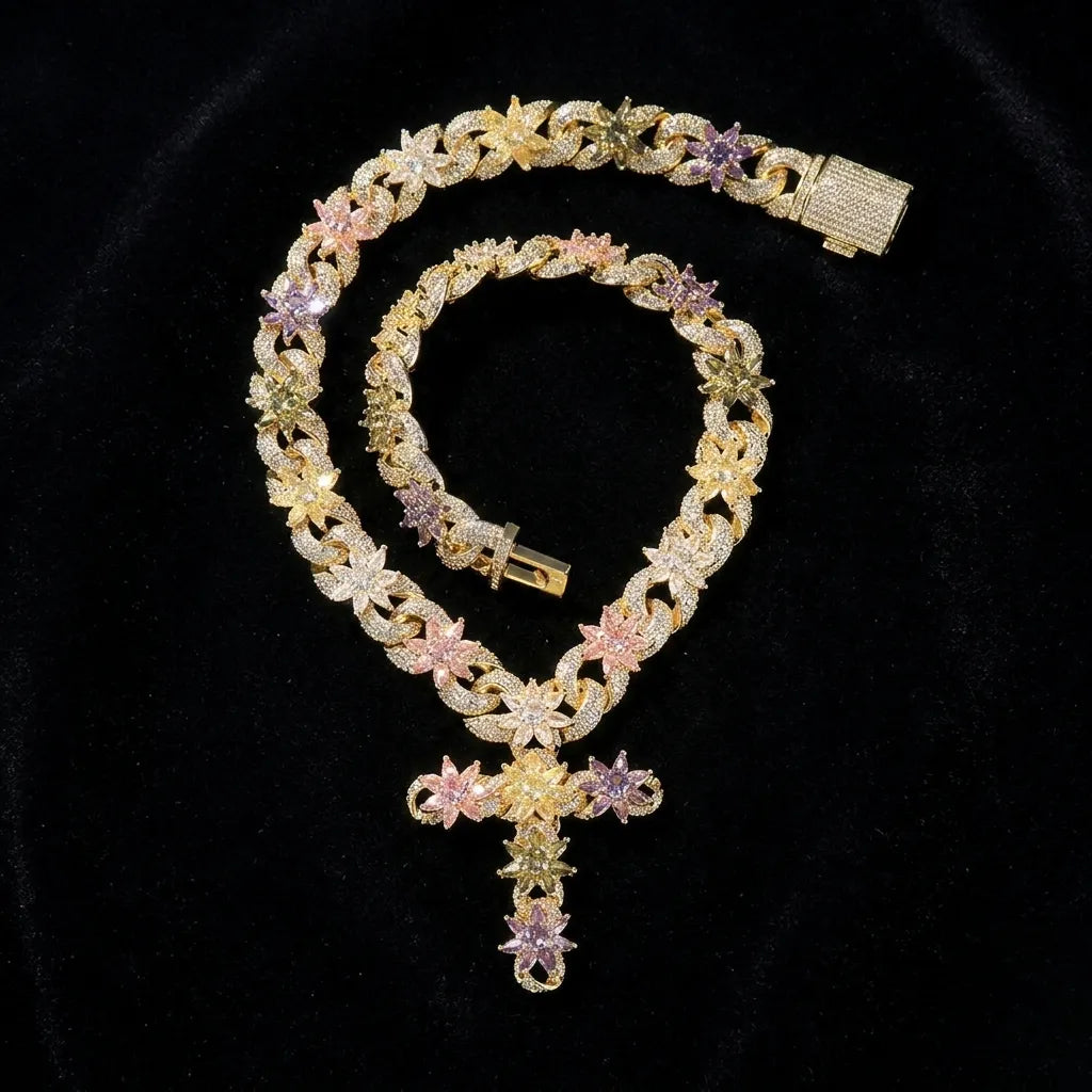 Iced Out Floral Cross Pendant Cuban Chain Jewelry Set【B103】