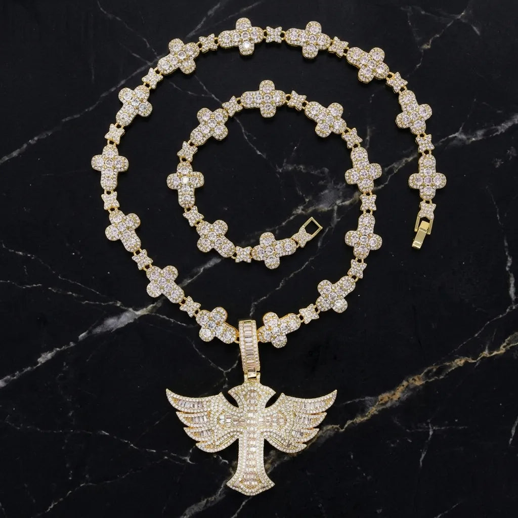 Iced Out Winged Cross Pendant And Link Chain Set【B102】