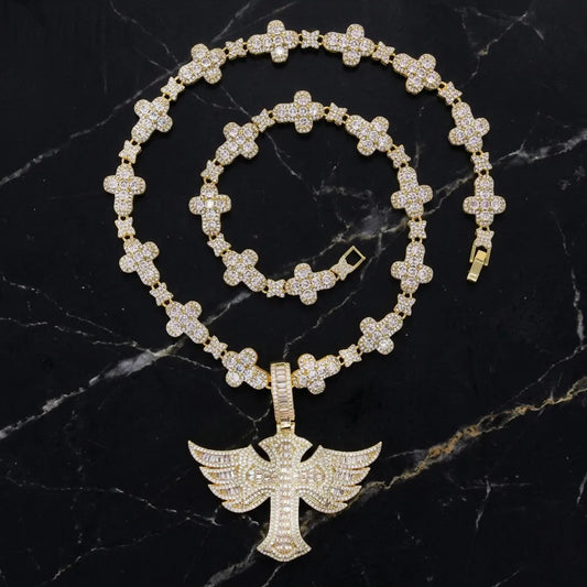 Iced Out Winged Cross Pendant And Link Chain Set【B102】