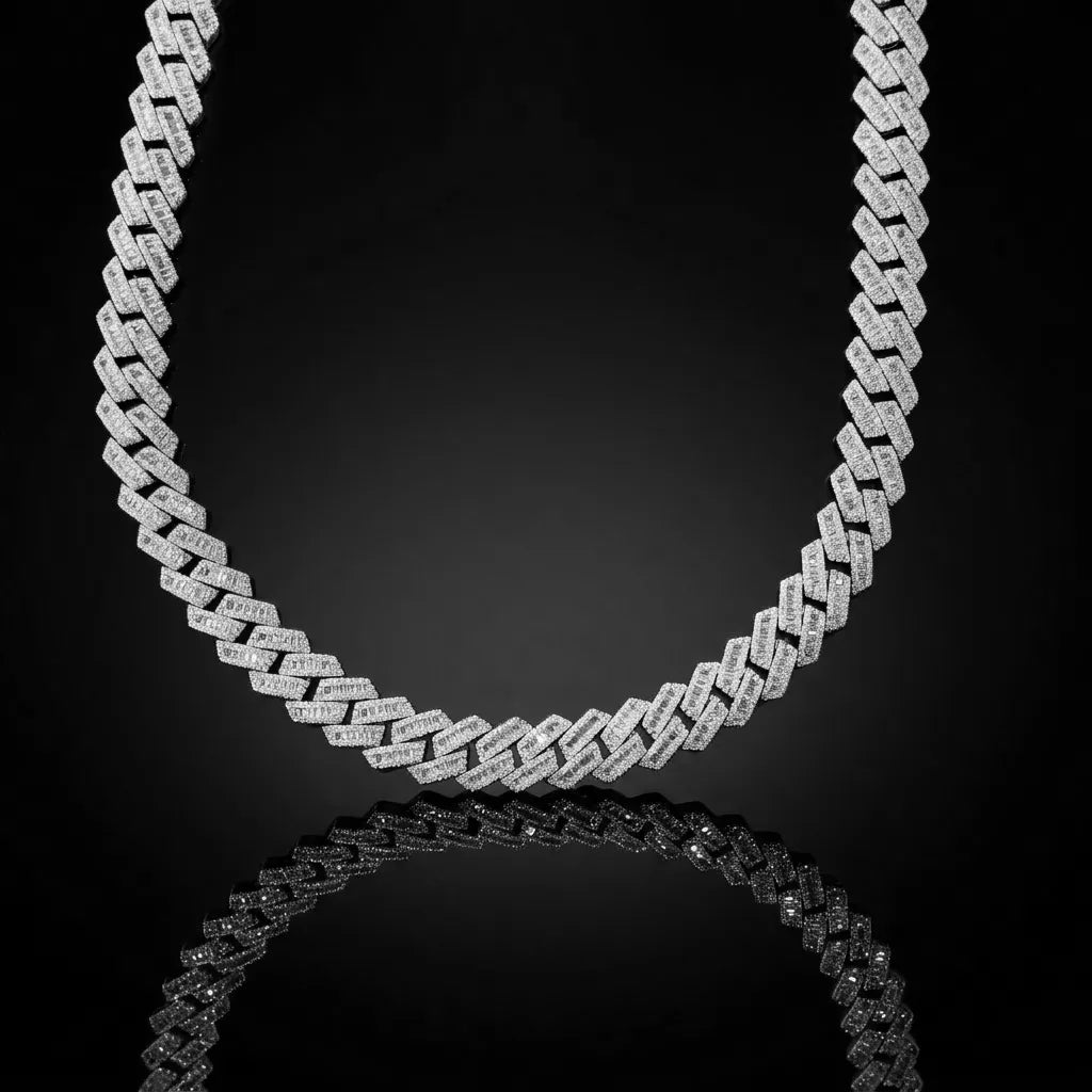 13mm Baguette-Centered Iced Cuban Link Chain (23")【A102】