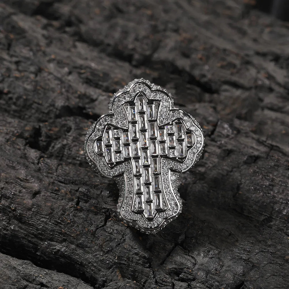 Moissanite Iced Out Baguette Holy Cross Statement Ring Gold Silver【A407】