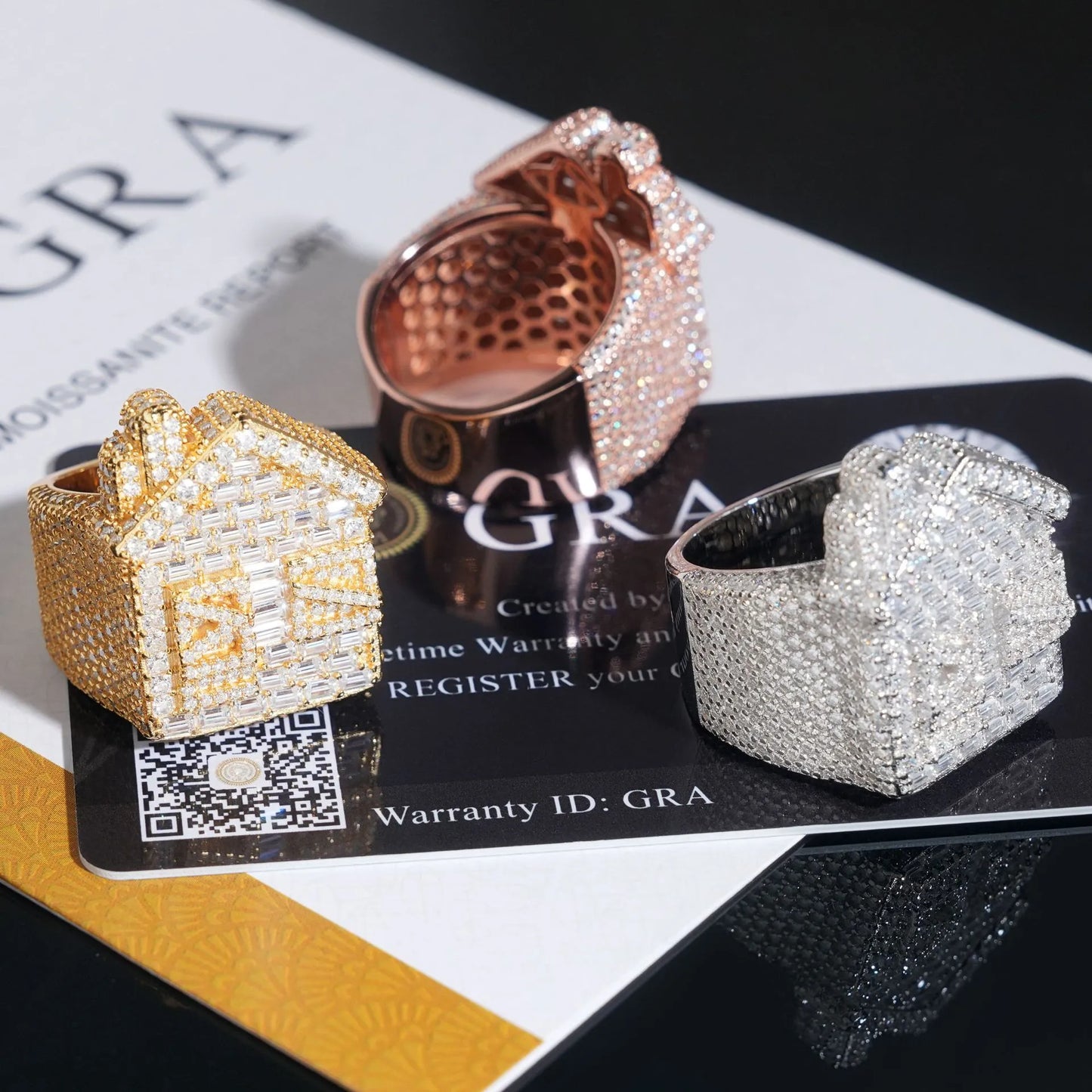 Moissanite Iced Out Baguette Trap House Statement Ring Tri-Color【A402】