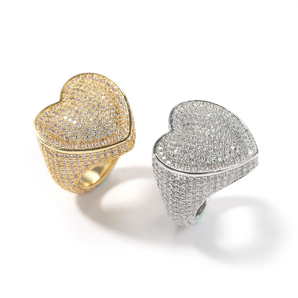 Moissanite Iced Out 3D Big Heart Statement Ring Gold Silver【A411】