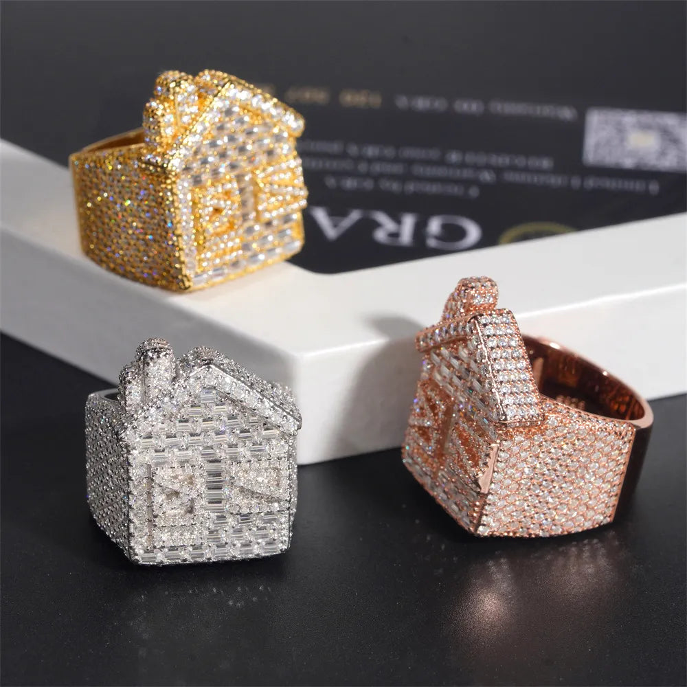 Moissanite Iced Out Baguette Trap House Statement Ring Tri-Color【A402】