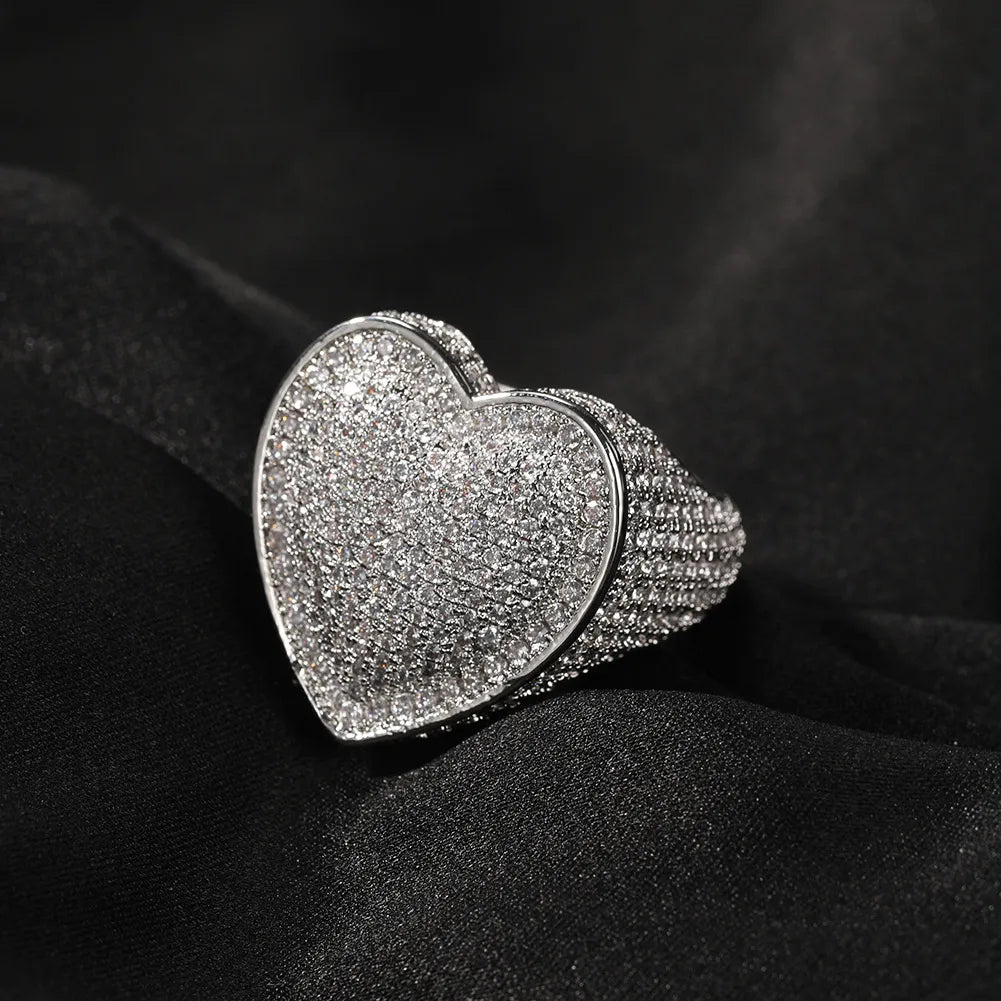 Moissanite Iced Out 3D Big Heart Statement Ring Gold Silver【A411】