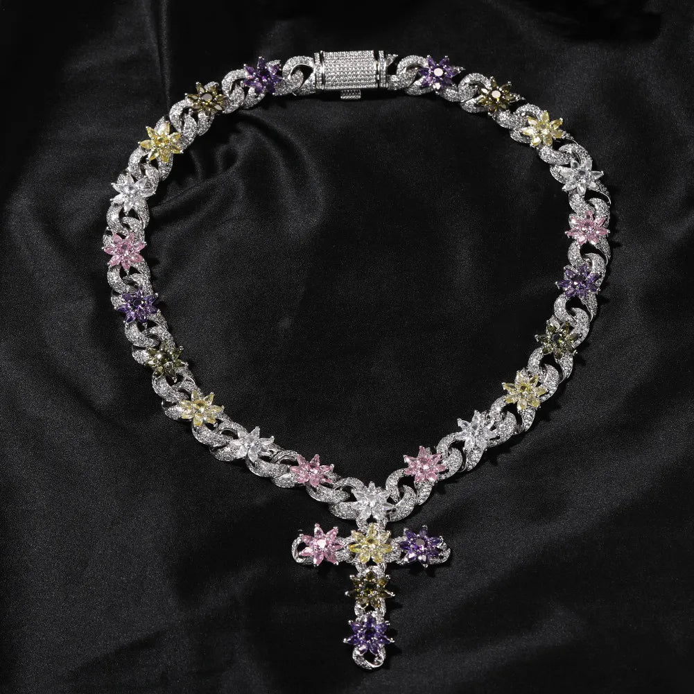 Iced Out Floral Cross Pendant Cuban Chain Jewelry Set【B103】