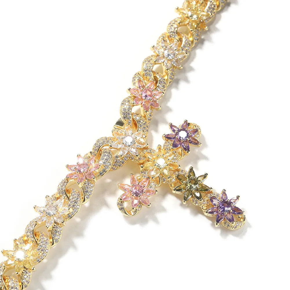 Iced Out Floral Cross Pendant Cuban Chain Jewelry Set【B103】