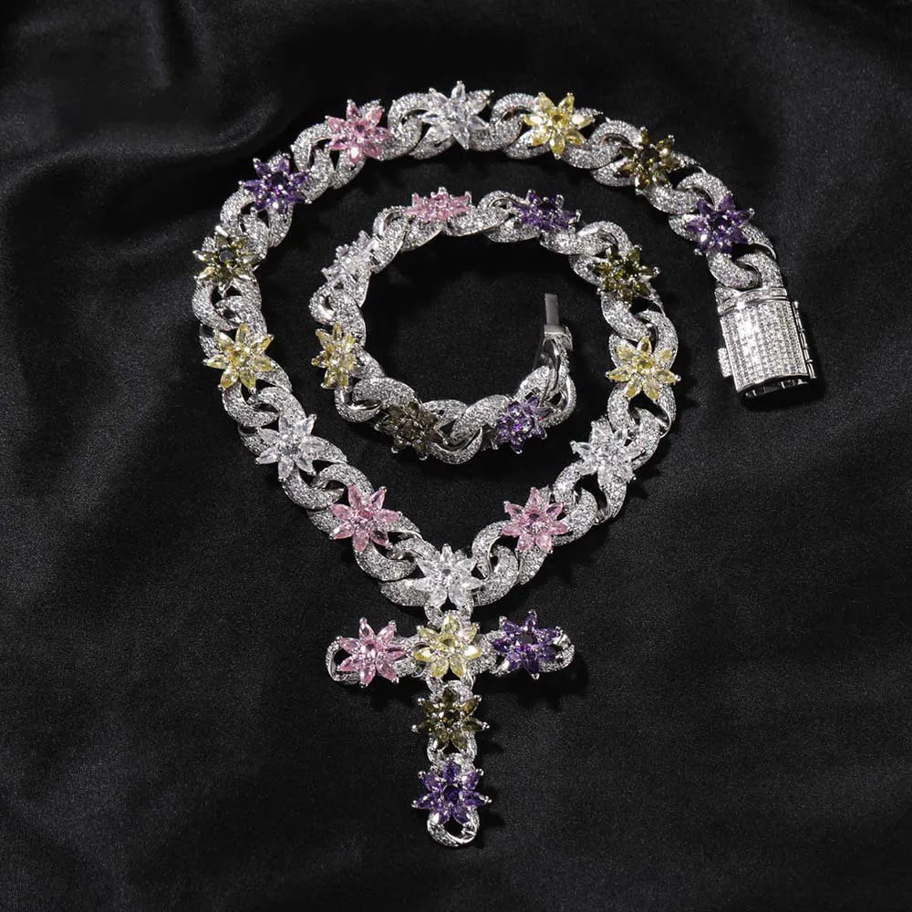 Iced Out Floral Cross Pendant Cuban Chain Jewelry Set【B103】