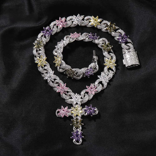 Iced Out Floral Cross Pendant Cuban Chain Jewelry Set【B103】