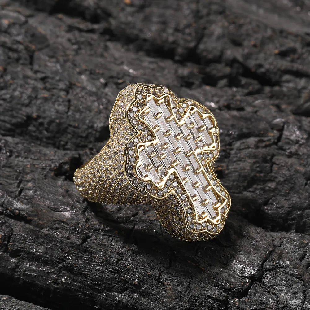 Moissanite Iced Out Baguette Holy Cross Statement Ring Gold Silver【A407】