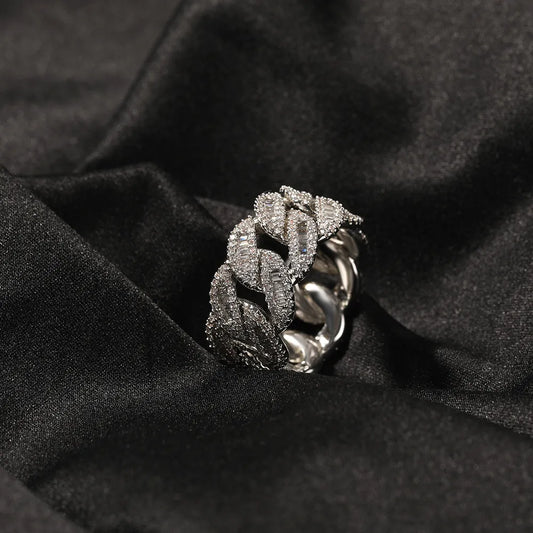 Moissanite Iced Out Baguette Cuban Link Ring【A410】
