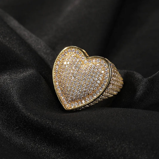 Moissanite Iced Out 3D Big Heart Statement Ring Gold Silver【A411】