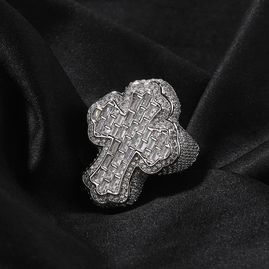 Luxury Iced Out Baguette Holy Cross Statement Ring Gold Silver【A407】