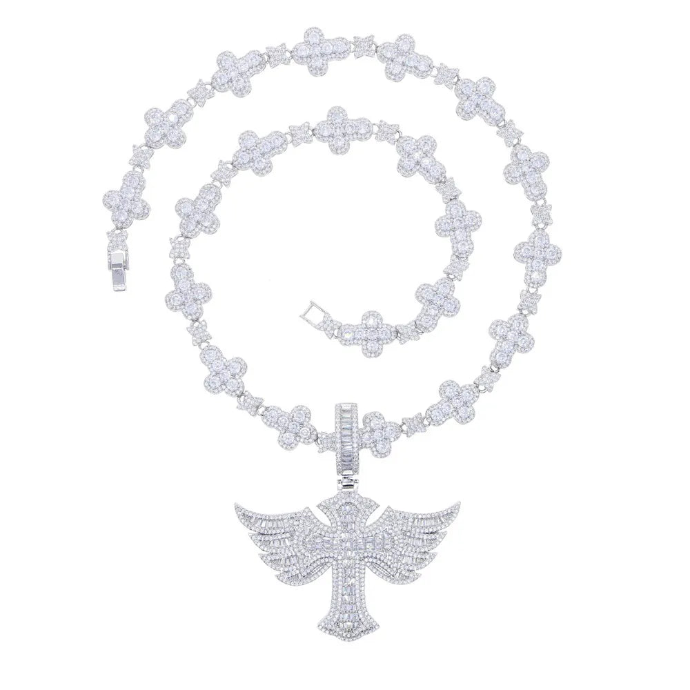 Iced Out Winged Cross Pendant And Link Chain Set【B102】
