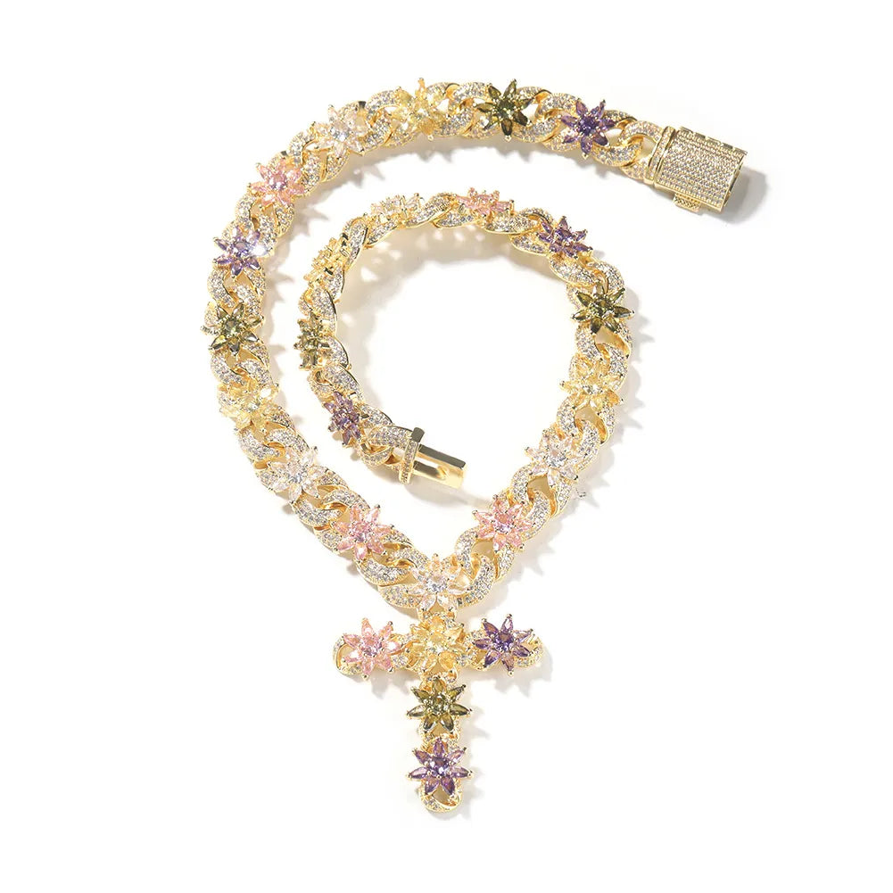 Iced Out Floral Cross Pendant Cuban Chain Jewelry Set【B103】