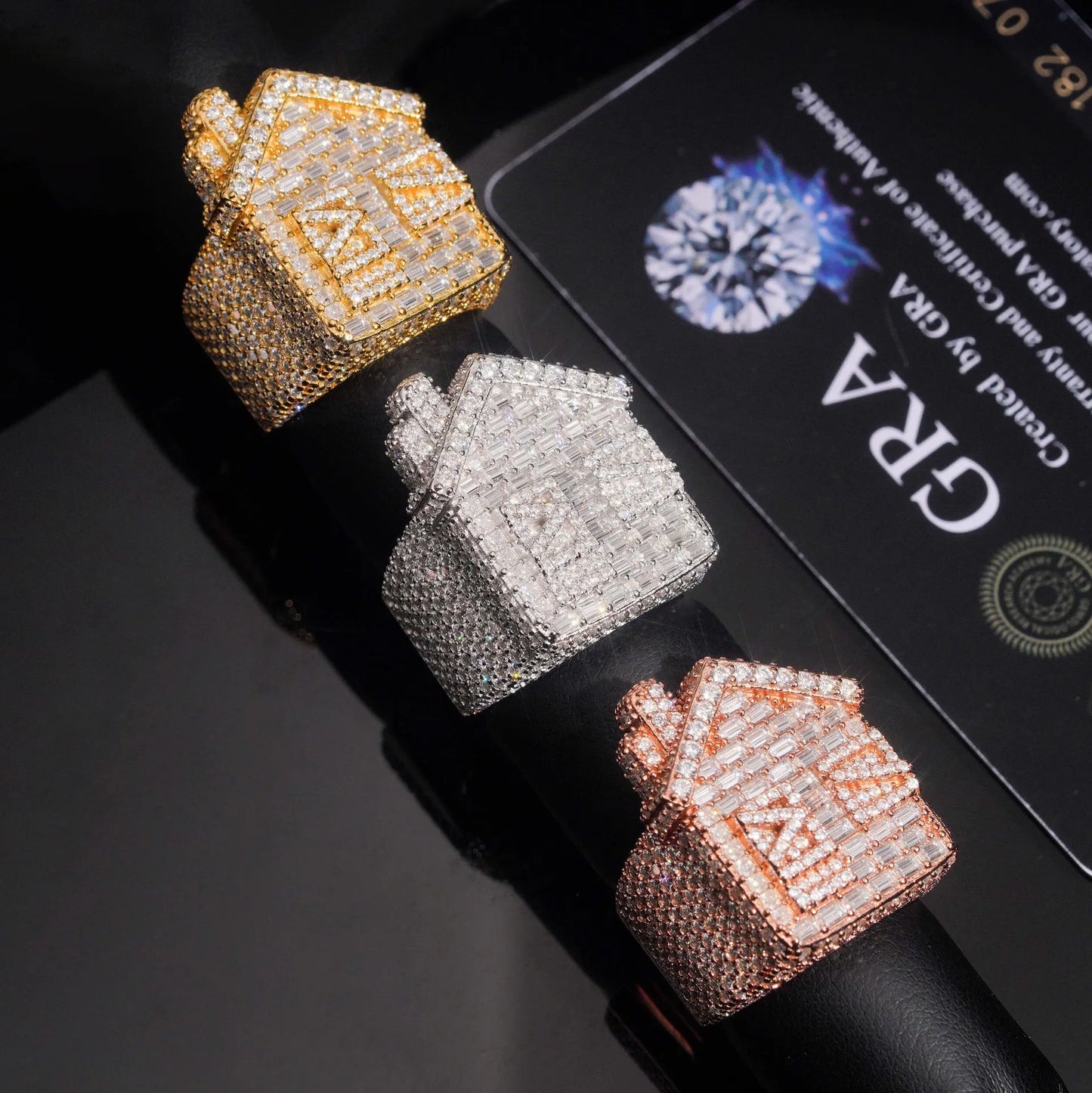 Moissanite Iced Out Baguette Trap House Statement Ring Tri-Color【A402】