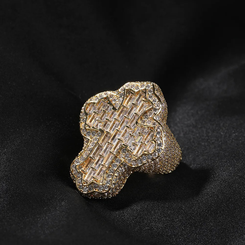 Moissanite Iced Out Baguette Holy Cross Statement Ring Gold Silver【A407】