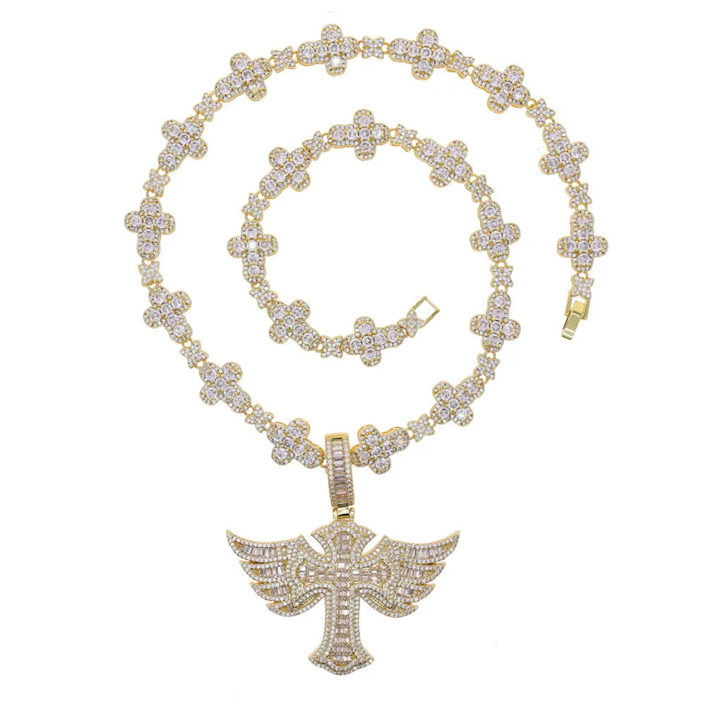 Iced Out Winged Cross Pendant And Link Chain Set【B102】