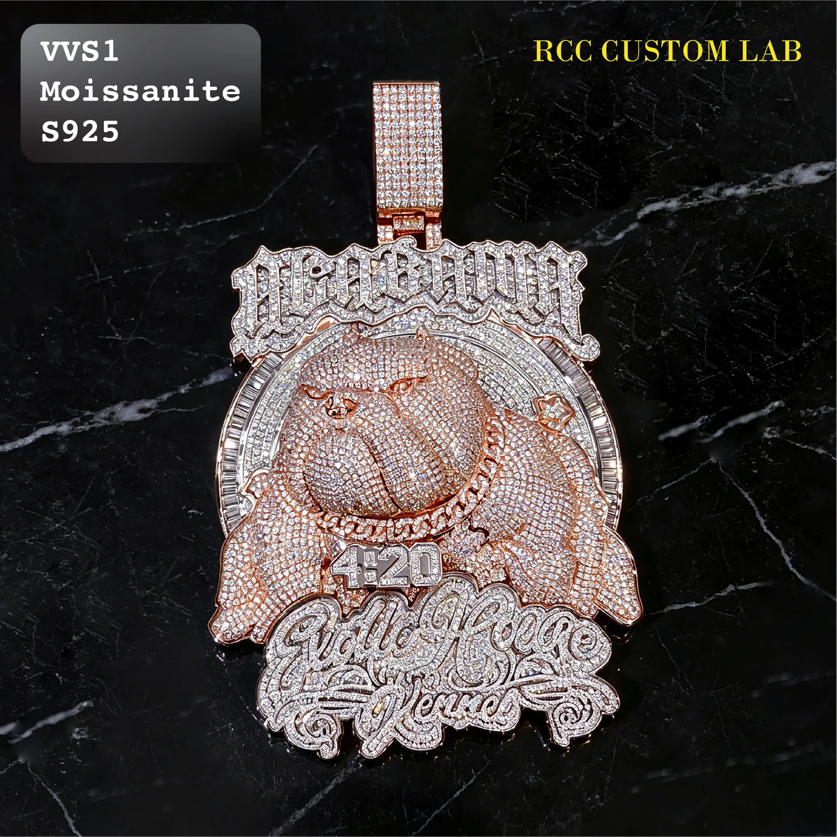 A rose gold and silver rhinestone-encrusted pendant featuring a bulldog design with 'RCC' and 'Custom Lab' text, displayed on a black marble background with text overlays.