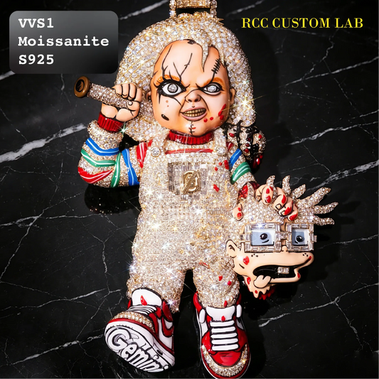 Gold tone fully iced 3D Chucky doll pendant with colorful enamel accents, holding hammer and cartoon character head, micro pave moissanite horror themed hip hop custom jewelry