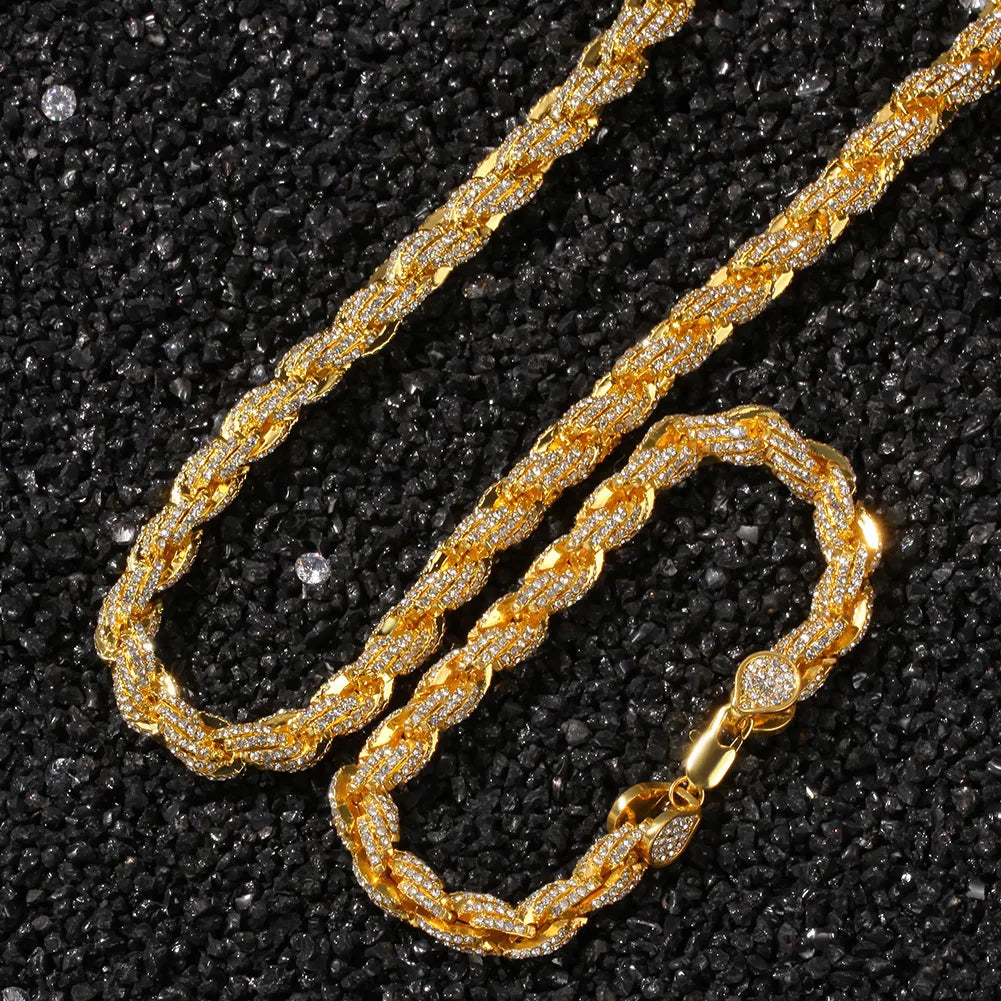 Double strand display of gold fully iced moissanite rope chain, twisted pave stone links with teardrop lobster clasp, premium hip hop chain