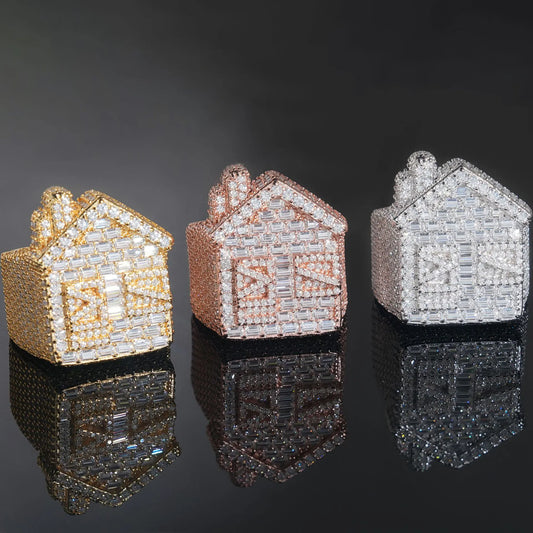 Three tone 3D trap house shaped icy mens rings with full micro pave moissanite stones, mirror reflection shot on glossy black background, hip hop custom trap house ring collection