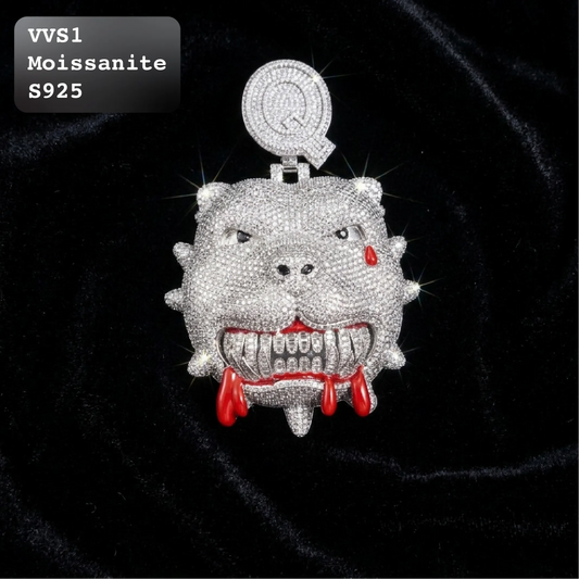 A rhinestone-encrusted animal head pendant or brooch with a silver-toned circular top piece, shown on a black velvet background. The design resembles a snarling dog or wolf head with red accents around the mouth and tongue-like drops.