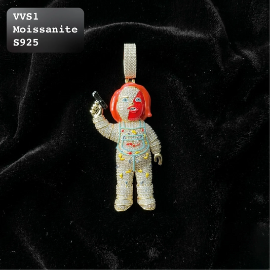 A moissanite-encrusted Pennywise the Clown pendant on a black velvet background, with a text overlay in the top-left corner reading 'VVS1 Moissanite S925'.