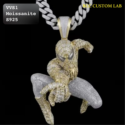 A Spider-Man pendant necklace covered in clear stones, suspended from a thick silver chain, shown against a black background with text overlays indicating 'VVS1 Moissanite S925' and 'CC Custom Lab'.