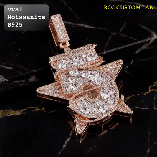A rose gold Moissanite pendant featuring a geometric, multi-layered design paved with clear stones, displayed on a black marble background. Text overlays indicate 'VVS1 Moissanite S925' and 'RCC CUSTOM LAB'.