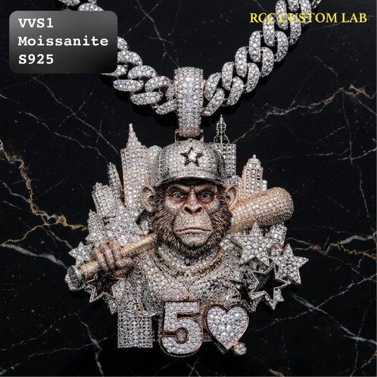 A heavily embellished monkey pendant necklace with a chain, set against a black marble background. The pendant is covered in clear rhinestones and features a cityscape, a baseball bat, stars, and the number 5 with a heart.