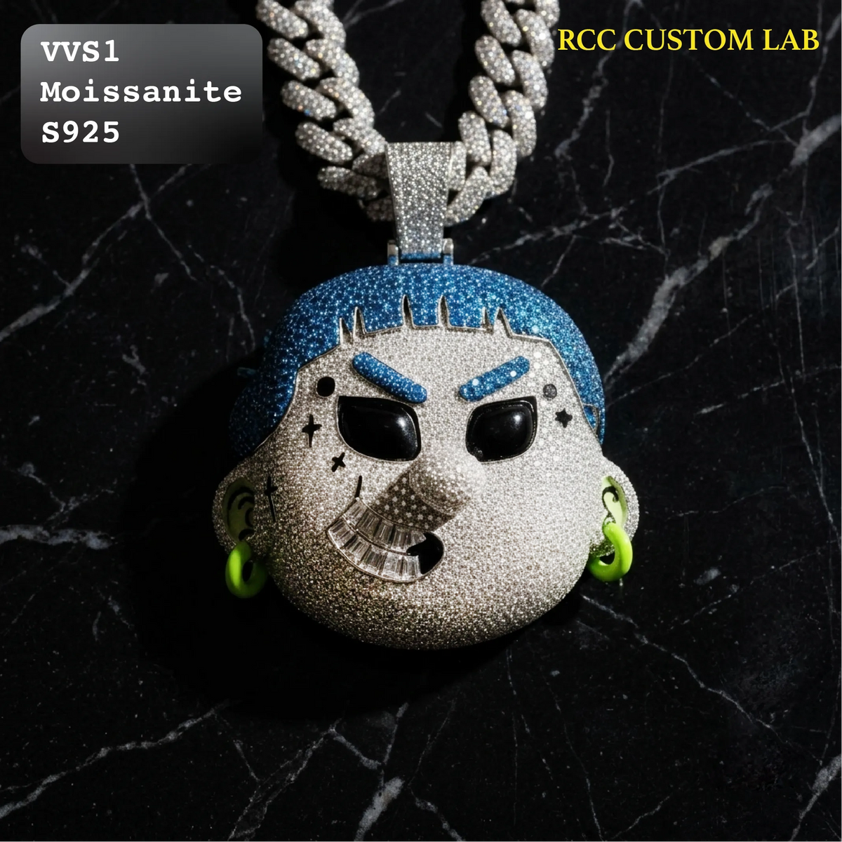 Iced out cartoon character head pendant with blue hair and face tattoos paved with clear VVS1 moissanite in S925 sterling silver.