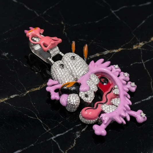 A highly detailed, pink and silver dragon figurine embellished with rhinestones, displayed on a black marble surface.