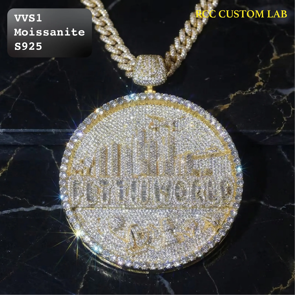 A gold-toned round pendant necklace heavily embellished with clear stones, featuring an embossed 'FUTALWORLD' design, shown on a black marble background with a gold chain. Text overlays read 'VVS1 Moissanite S925' and 'RCC CUSTOM LAB'.